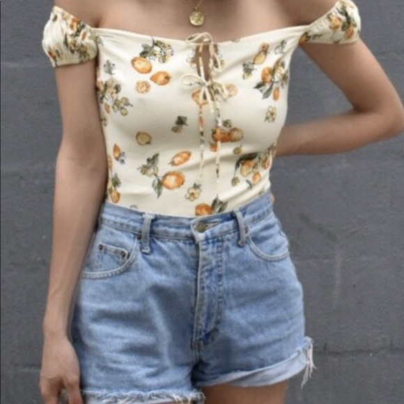 Off Shoulder Smocked Back Fruit Print Top - Picture 2 of 5